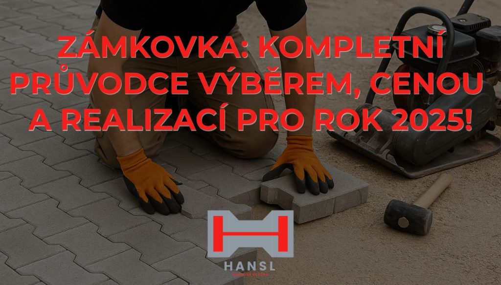 Fotografie ukazuje, jak zámkovka vypadá při pokládce profesionálním pracovníkem, v popředí nářadí a vibrační deska.