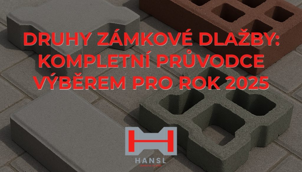 Náhledový obrázek s různými tvary zámkové dlažby a titulkem Druhy zámkové dlažby – průvodce 2025“.