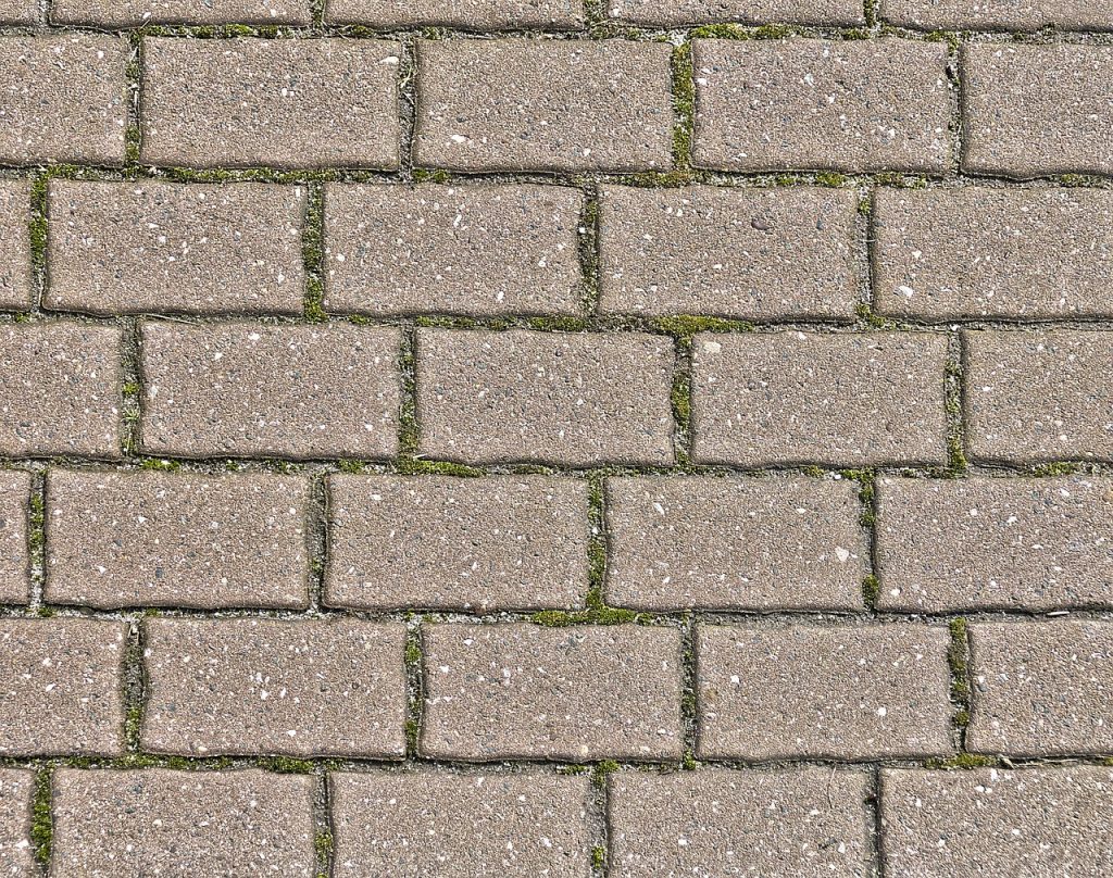 Betonová dlažba s jemnou strukturou a mechem ve spárách.